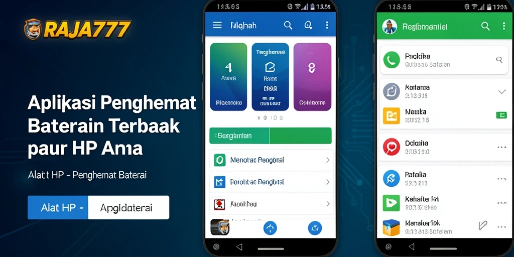 Tampilan antarmuka aplikasi RAJA777 yang menampilkan fitur penghematan baterai.